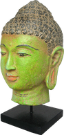 Buddha Head on stand in wood. Size H26, L14, W14 cm. Price Exwork 56.400 IDR. Price FOB 4,40 usd excl packing. Order code CP015.