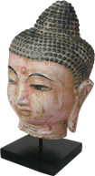 Buddha Head on stand in wood. Size H26, L14, W14 cm. Price Exwork 54.000 IDR. Price FOB 4,20 usd excl packing. Order code CP016.