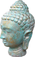 Green Buddha head in cement. Size H36cm. Price Exwork 145.000 IDR. Price FOB 12,00 usd incl packing wooden crate. Order code CP034. Left side
