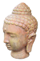 Light yellow/orange Buddha head in cement. Size H36cm. Price Exwork 145.000 IDR. Price FOB 12,00 usd incl packing wooden crate. Order code CP036. Left side
