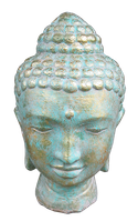 Green Buddha head in cement. Size H36cm. Price Exwork 145.000 IDR. Price FOB 12,00 usd incl packing wooden crate. Order code CP034.
