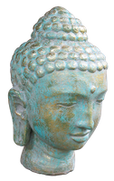 Green Buddha head in cement. Size H36cm. Price Exwork 145.000 IDR. Price FOB 12,00 usd incl packing wooden crate. Order code CP034. Right side