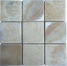 Parquet Mosaic 9,75x9,75 cm Interlock Onyx. Order code: PAM4-03A(Y). The onyx is a white color onyx with pattern of yellow color as shown in the pic. The onyxstone is not molen but instead the edges are made smooth with use of sandpaper. Molen works good on marble material but destroys onyx material.