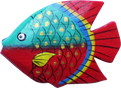 Art. code ZM001. Magnet animal wood fish turquise/red. Size L 7 cm H 6 cm. Price FOB 0,25 usd.